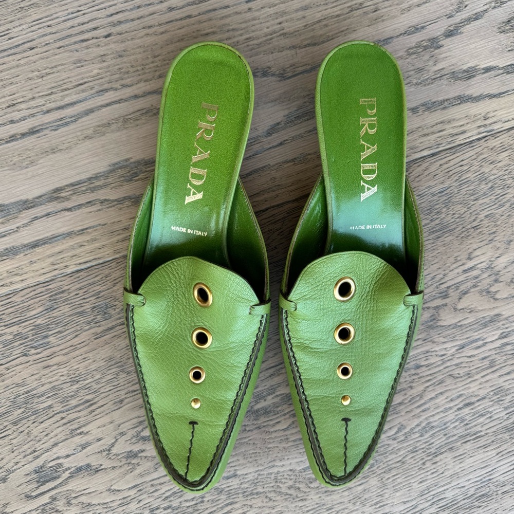 Prada Green Leather kitten heel Mules with Gold Accents